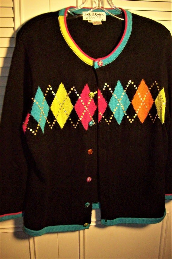 Vintage Jack B Quick Argyle Black Pink Green Cardi