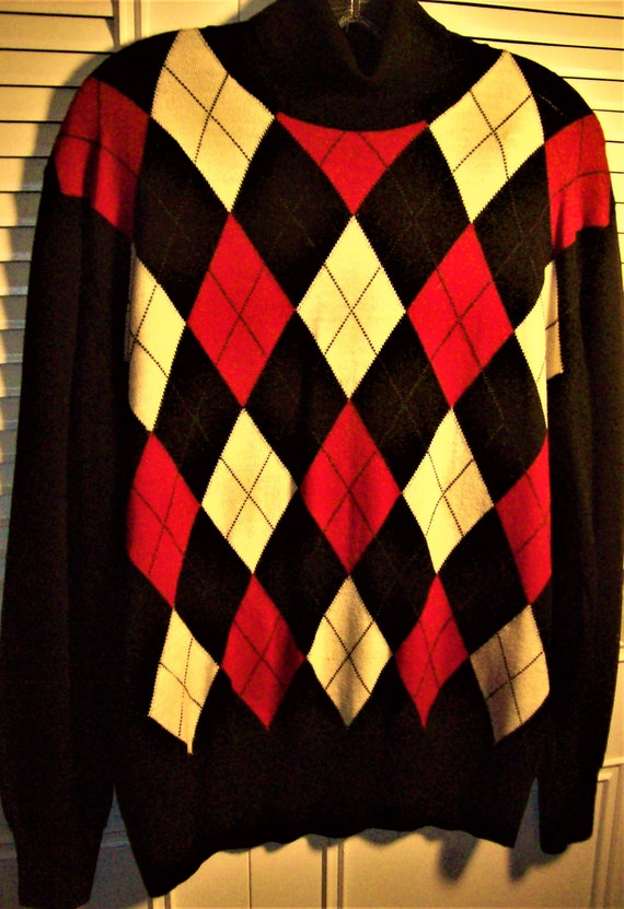 Sweater XL, Wool Turtle Neck Harlequin Sweater by 