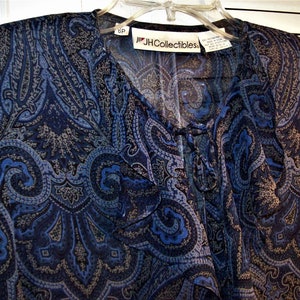 Blouse 6, J H Collectible Paisley Royal Blue Ruffled Blouse. Ruffled and Buttoned Front, FIVE STAR Vintage Paisley Find see details image 2