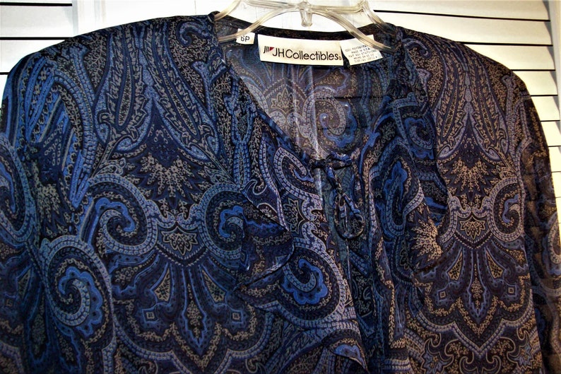 Blouse 6, J H Collectible Paisley Royal Blue Ruffled Blouse. Ruffled and Buttoned Front, FIVE STAR Vintage Paisley Find see details image 2