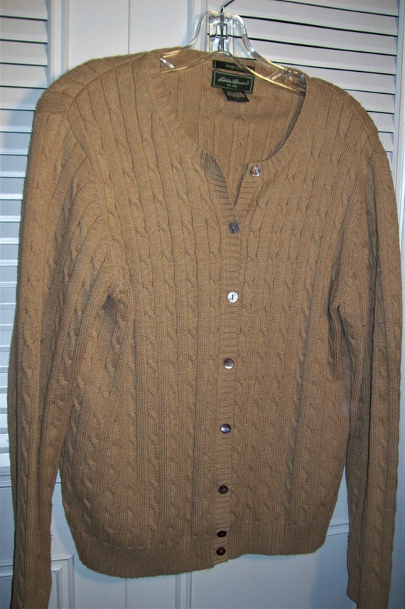 Sweater Large, Camel Cable Knitted Cardigan by Eddie Bauer. Great