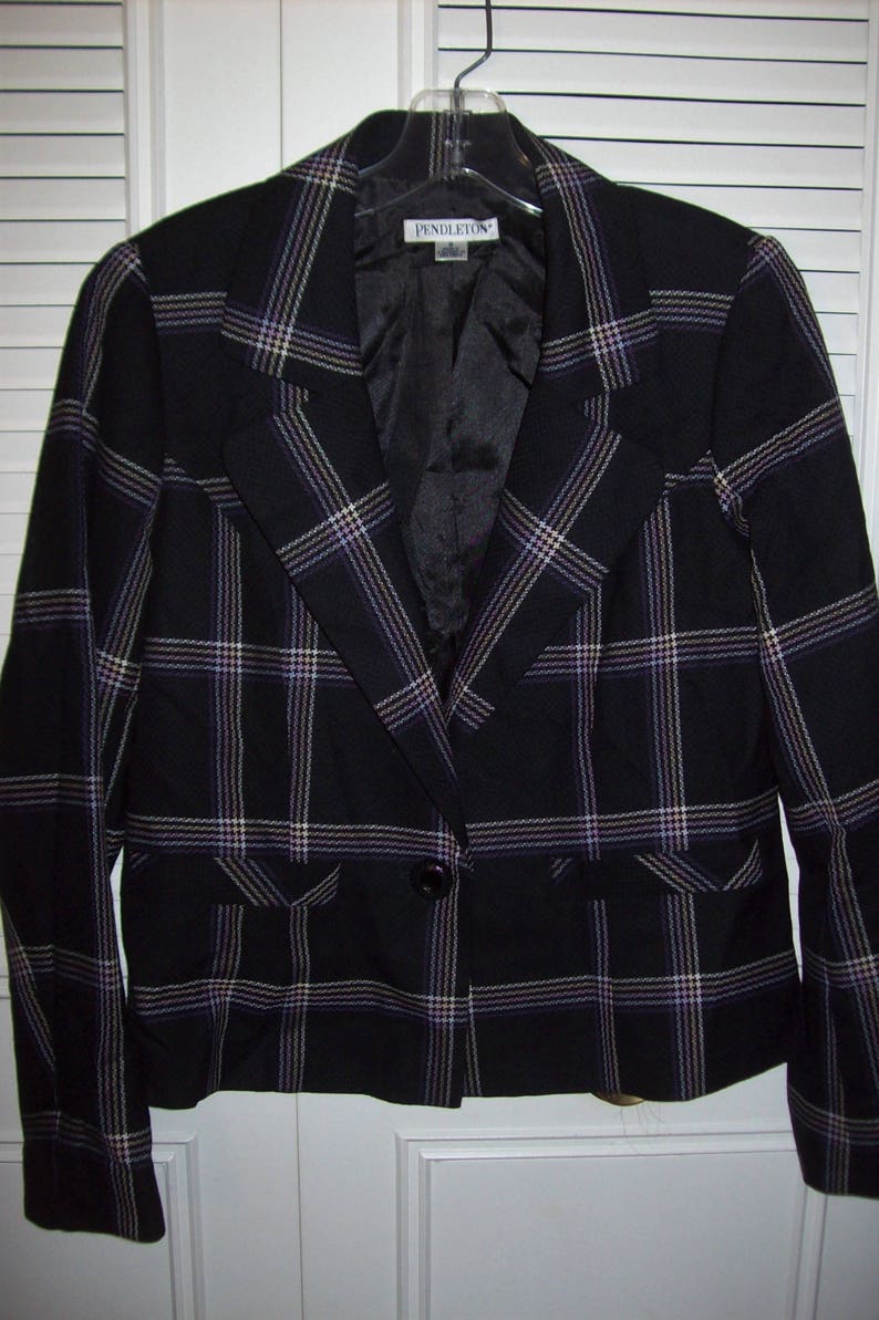 Jacket 8, Pendleton 100% Wool Plaid Black Jacket, JUST REDUCED Vintage Great Career/Casual Jacket, see details image 1