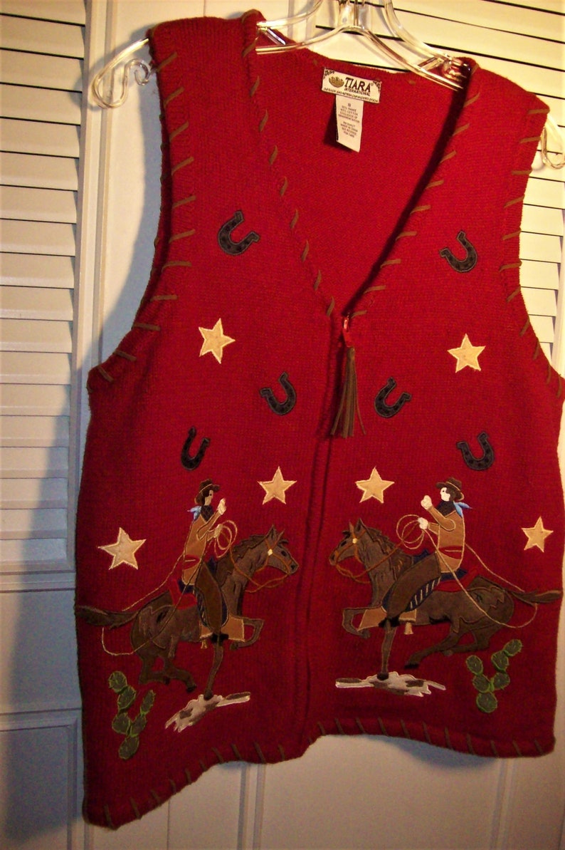 Vest Small Medium See Riders and Horses on the Bottom - see details Roping Cowboys Cowgirls Knitted Vest Rodeo Horses