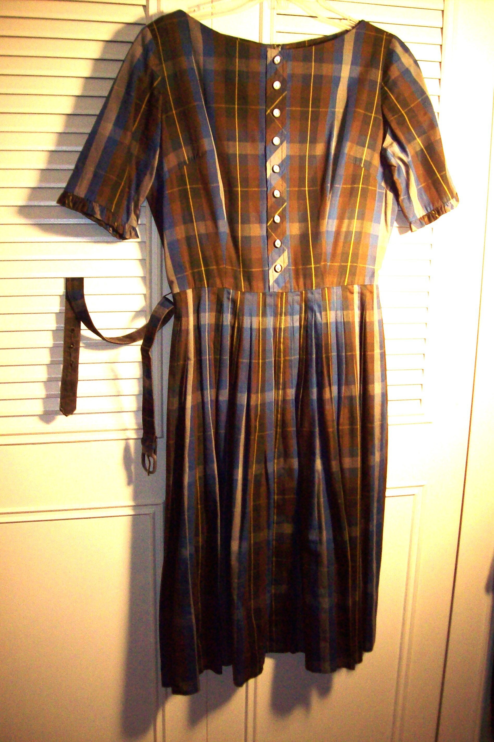 brown and blue plaid dress Navy Plaid Button Down Smocked Cotton Midi Dress main image 1