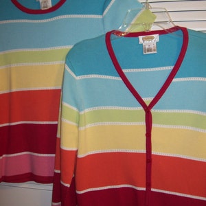 Sweater Set, Medium, Vintage Talbot's Rainbow Stripes Stripe Cotton Wonderful Cardigan Sweater Set - Medium Petite