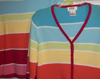 Sweater Set, Medium, Vintage Talbot's Rainbow Stripes Stripe Cotton Wonderful Cardigan Sweater Set - Medium Petite