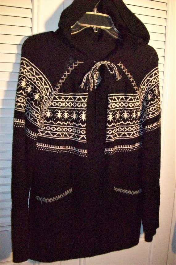 Sweater Small - Medium, Black Wool Hooded Fall an… - image 1