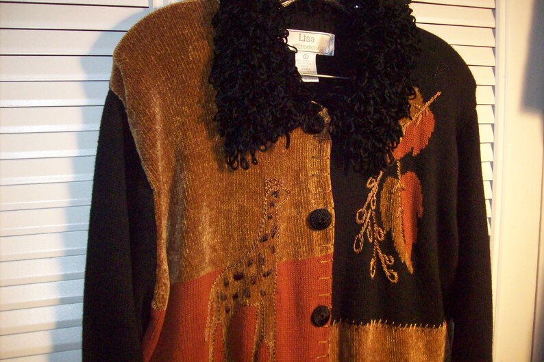 Fringed Collar RamieCotton Baby Elephant Giraffe Much Fun Knitted Cardigan see details So Vintage Sweater Large
