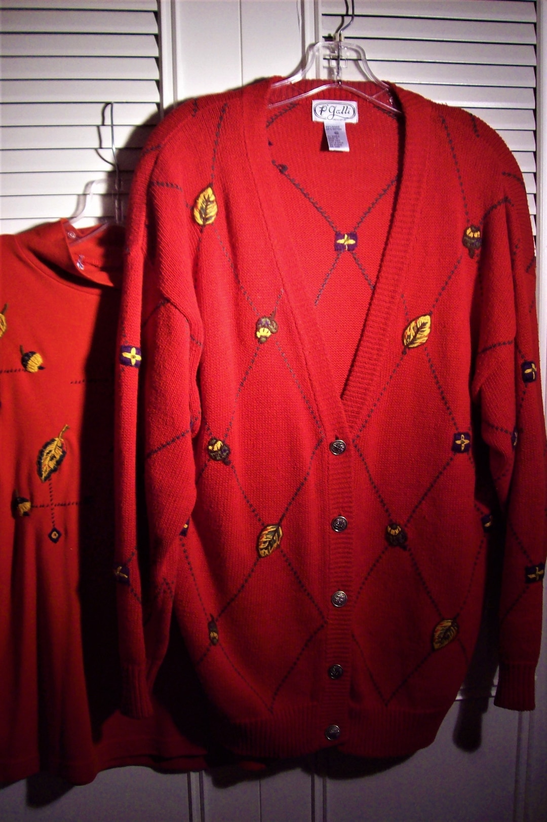 Sweater Set, Medium - Large, Knitted Red With Falling Leaves and Acorns ...