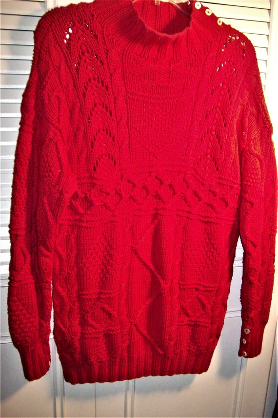 Sweater Medium, Red Hand-Knitted Tunic Sweater by… - image 2