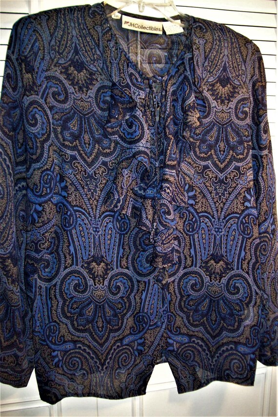 Blouse 6, J H Collectible Paisley Royal Blue Ruff… - image 4