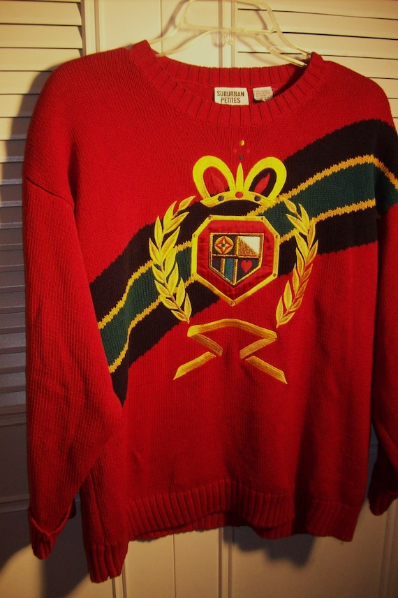 Sweater Medium, Crested Knitted Red Pullover, Fun 