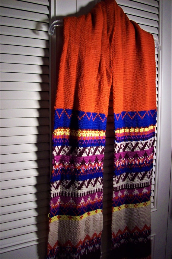 Muffler, Orange Knitted Muffler With Fair Isle Des