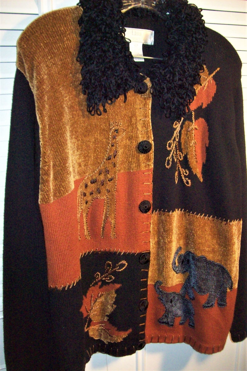 Fringed Collar RamieCotton Baby Elephant Giraffe Much Fun Knitted Cardigan see details So Vintage Sweater Large