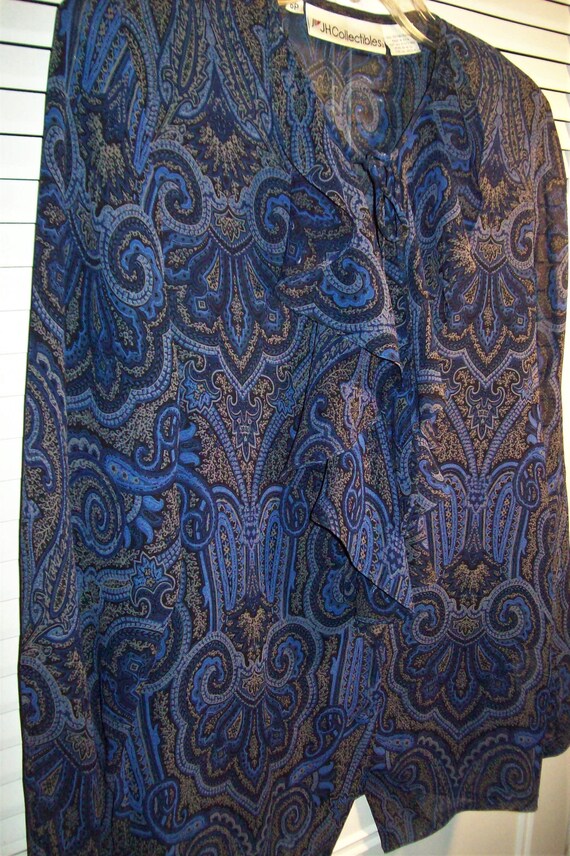 Blouse 6, J H Collectible Paisley Royal Blue Ruff… - image 3
