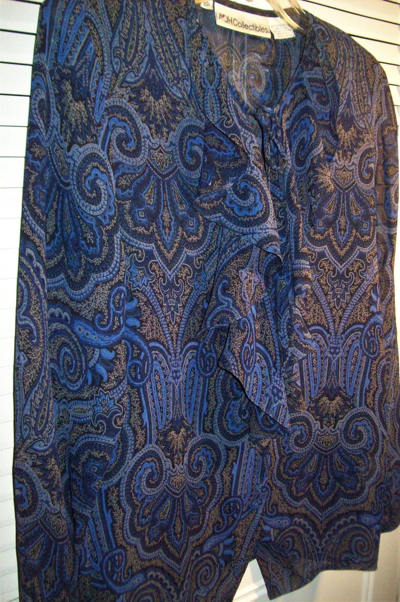 Blouse 6, J H Collectible Paisley Royal Blue Ruffled Blouse. Ruffled and Buttoned Front, FIVE STAR Vintage Paisley Find see details image 3