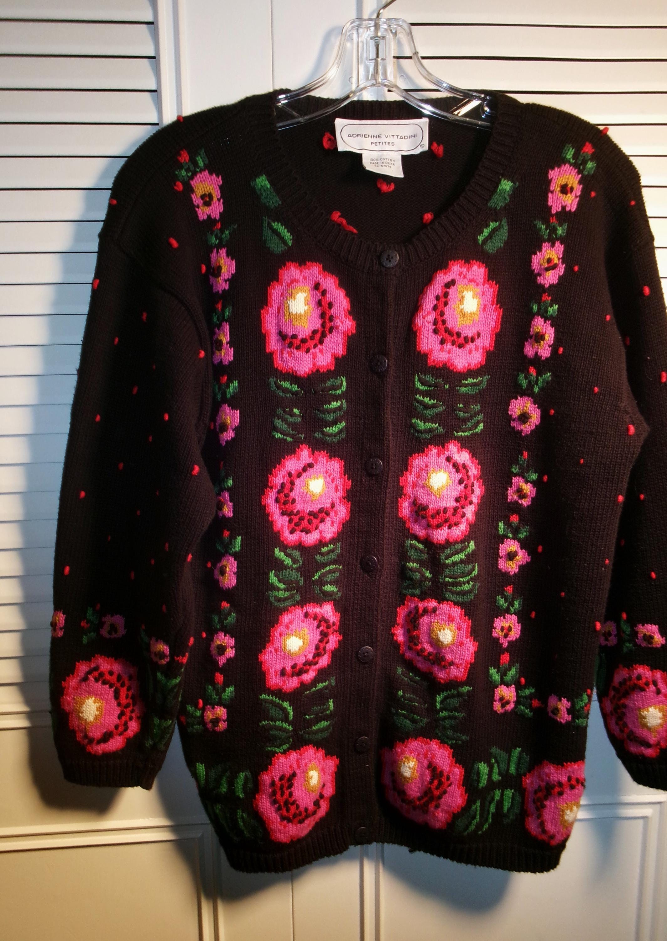 Sweater, Large, Adrienne Vittadini Treasured Black and Hot Pink