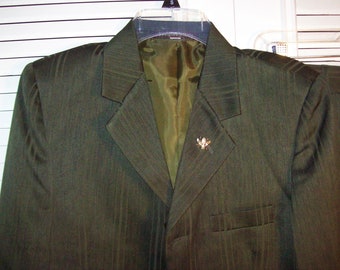 Pantsuit 4 -6,  Military Green Pin-Striped Poly Career Suit.  Corner Office Prospect!  80's Vintage, - see details
