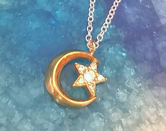 Sterling Silver Celestial Moon Star Necklace - 925 Gold plated Jewelled Star - Gifts for Her