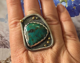 Persian Turquoise Sterling Silver Statement Ring with 22ct gold accents