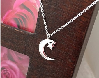 CRESCENT MOON and STAR Necklace - 925 Necklace - Gifts for Her - Twinkle Star - Crescent Moon - Moonchild Necklace