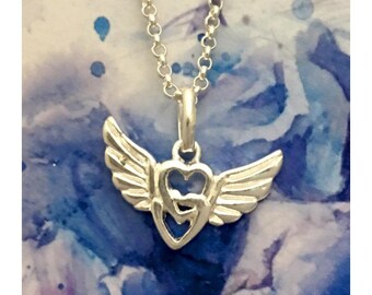 WINGED DOUBLE HEART - 2 hearts with wings - 925 sterling silver pendant