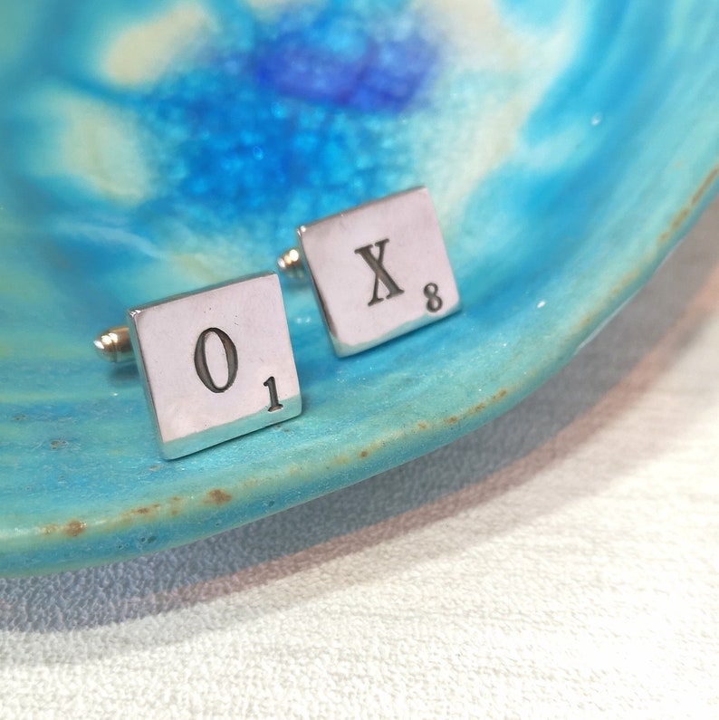 SCRABBLE TILE CUFFLINKS Fun Handmade Cufflinks 925 Sterling Silver Father's Day, Gifts for Men, Silver Anniversary image 1