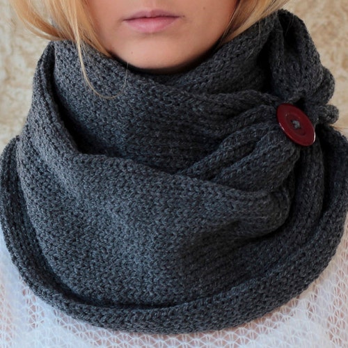 Knit Scarf  with button,  infinity scarf, circle scarf, loop scarf , knit infinity scarf , button scarf, open weave knit scarf