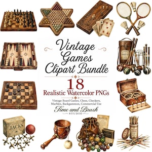 Vintage Games Clipart Bundle | Realistic Watercolor PNGs (Commercial Use)