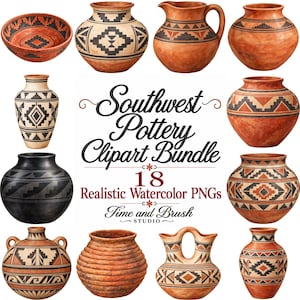 May include: A collection of 18 watercolor illustrations of pottery vessels featuring geometric patterns in terracotta, black, and cream. The central text reads Southwest Pottery Clipart Bundle, 18 Realistic Watercolor PNGs, Time and Brush STUDIO.