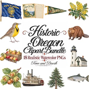 May include: A collection of watercolor illustrations featuring the Oregon state flag, a song sheet, a pennant, yellow flowers, a meadowlark, a beaver, a crate of pears, a lighthouse, hazelnuts, a steamboat, a pine tree, and a salmon.