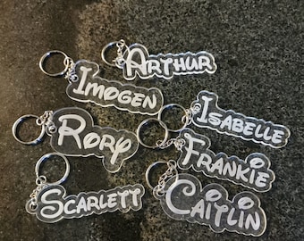 Custom personalised name keyring with disney style text | Laser engraved | Back to school | Gift | Birthday | School bag | Hand made