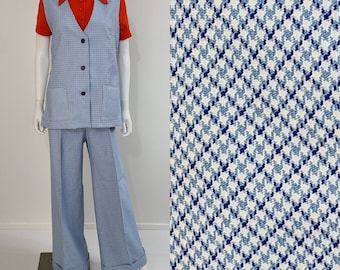 Curvy Vintage L-XL 70's Blue Houndstooth Set Vest Pants Personal Leslie Fay