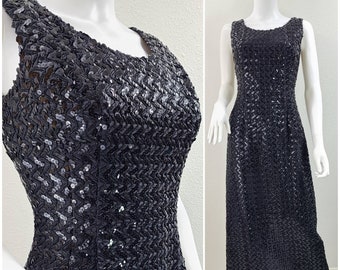 Medium Vintage Sexy Bombshell Black Sequin Maxi Dress Pinup Cocktail 60's