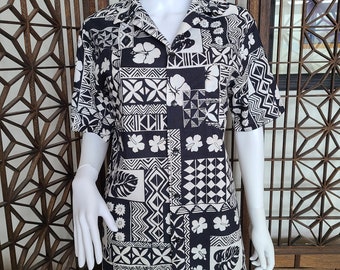 Vintage 70's-80's black and white Hilo Hattie floral tapa print Hawaiian shirt
