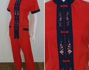 Vintage Red and Blue Floral Embroidered Top and Pant Lounge Set Pajamas Medium-Large Jodie Arden