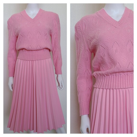ThriftsandFinery Vintage Pink Sweater Skirt Set Laurenté Medium-Large 80's Knit Retro Preppy