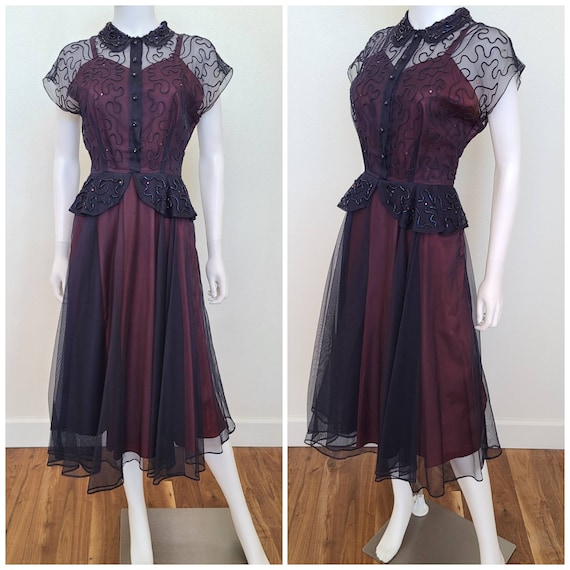 Vintage 40's Eggplant Peplum Slip Dress | Bust 40-