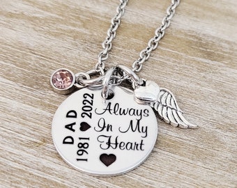 Memorial Jewelry, Loss of Father, Always in my heart, Loss of Mom, Sympathy Necklace, Memorial Necklace, Funeral Jewelry Remembrance Jewelry