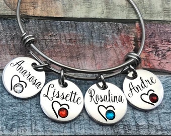 Personalized Bangle for Grandma - Embedded Birthstones & Engraved Names - Customized Jewelry for Mother's Day, Nana, Mimi, Gigi, Abuela