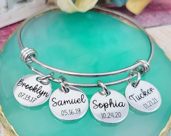 Custom Bangle Bracelet - Mother's Gift for Mom, Mother's Day or Birthday Present for Grandma, Wife or Her - Personalized Jewelry