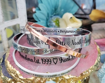 Customized Stacking Cuff Bangle, Personalized Bracelet for Mom or Grandma, Engraved with Your Own Text, Stylish and Meaningful Gift for Her