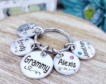Personalized Grandma Keychain or Bangle Bracelet - Custom Gift for Nana, Mimi, Gigi, Oma, Abuela - Birthstone Charms and Names, Mother's Day