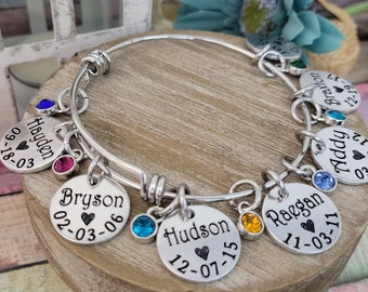 Personalized Birthstone Bangle Bracelet - Custom Gift for Mom, Grandma, or Her - Names, Birthdates, and Birthstones - Mother's Day Birthday