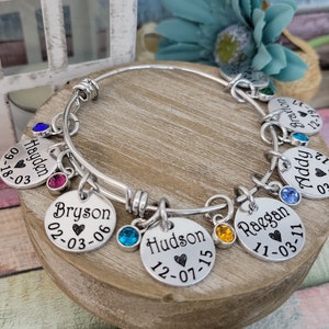 Personalized Birthstone Bangle Bracelet - Custom Gift for Mom, Grandma, or Her - Names, Birthdates, and Birthstones - Mother's Day Birthday