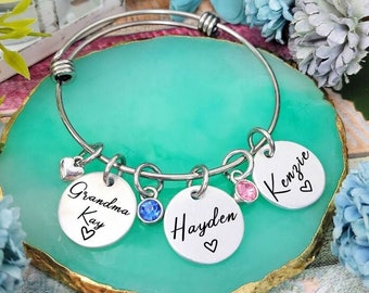 Unique personalized gifts for her! Name & birthstone charm bracelet, Custom jewelry for Mimi, Grandma, Abuela, Nana, Mom, Best holiday gift!
