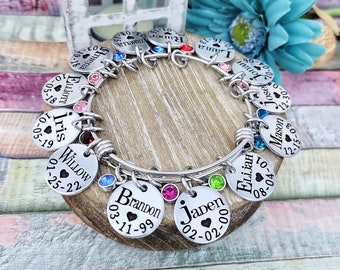 Personalized Grandma Bracelet - Custom Engraved Bangle with Grandkids' Names, Birthdays, and Birthstone Charms - Mom Jewelry, Nana Gift