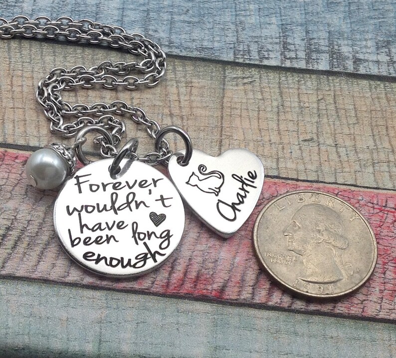 May include: Silver necklace with a round charm that says "Forever wouldn't have been long enough" and a heart charm with a cat silhouette and the name "Charlie" engraved on it.