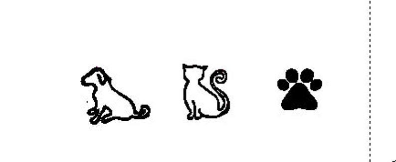 May include: Black and white line drawing of a dog, cat, and paw print.