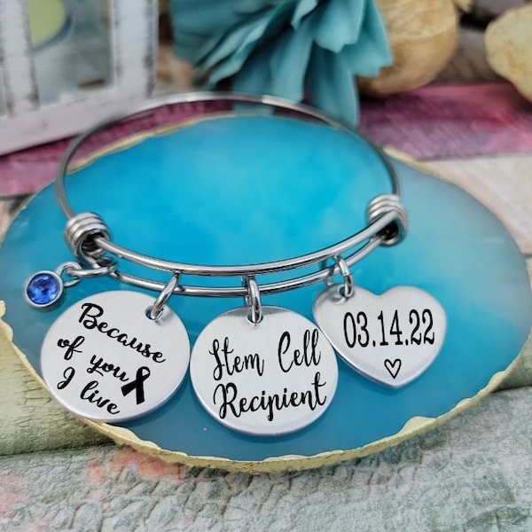 Stem Cell Donor, Stem Cell Recipient, Donor Gifts, Transplant Jewelry, Transplant Gift, stem cell awareness, because of you I live jewelry